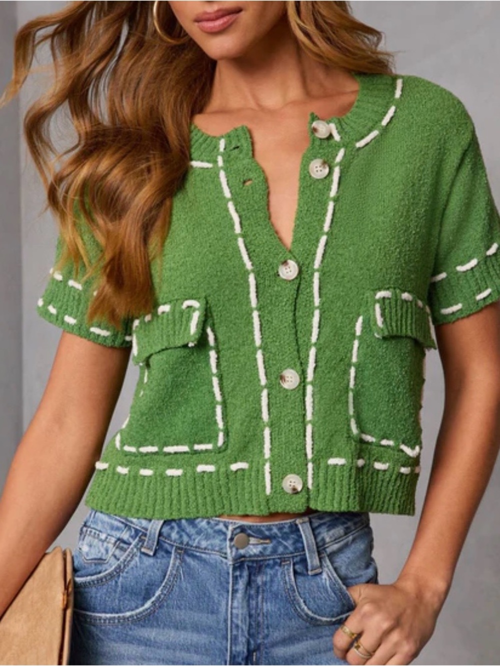 Vici Cardigan Stitched Cropped Green & White Size Large